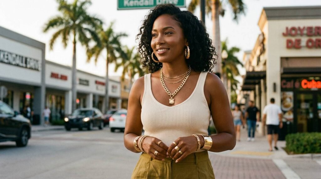 una modelo luce las prendas de Crea7 Jewelry considerada una de las mejores joyerías de Kendall.