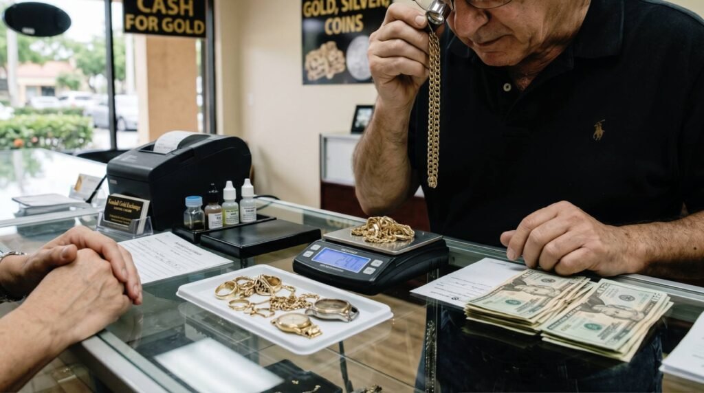 Proceso de tasación de joyas de oro en la balanza de precisión de Crea7 Jewelry en Kendall.