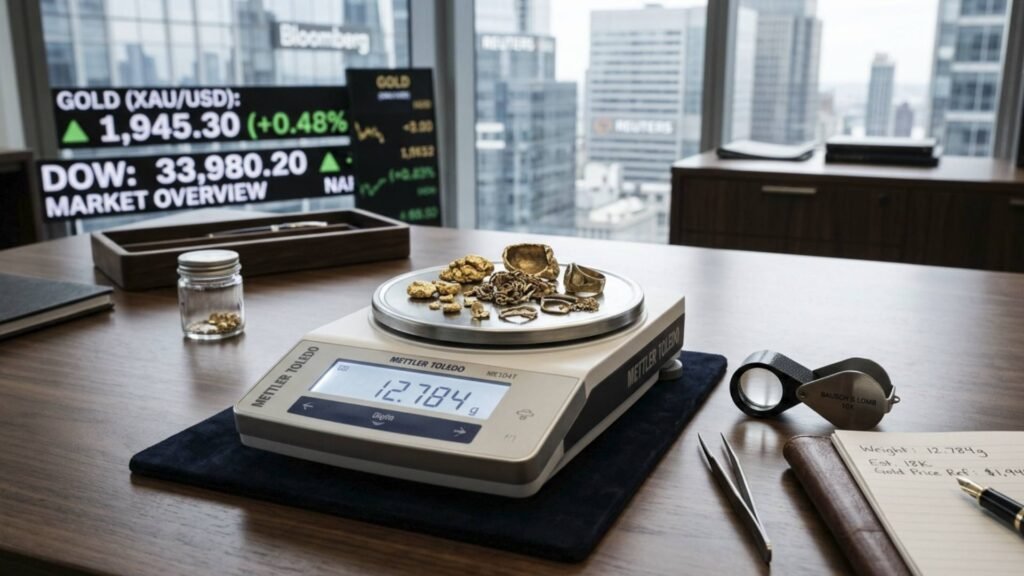 Balanza digital de precisión pesando cadenas y anillos de oro chatarra sobre un escritorio de joyería junto a una lupa de tasación.