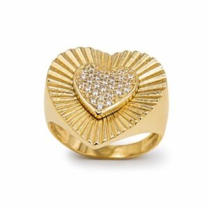 Anillo de Oro 10k Corazón Sello con Rayos y Piedras Circonia