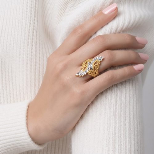 Anillo de Oro 14k Dos Tonos con Diseño de Hojas