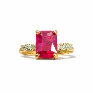 Anillo de Dama Oro 10k Solitario Fucsia Rectangular con Racimos