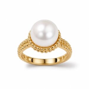 Anillo de Dama Oro 14k Perla con Borde de Bolitas