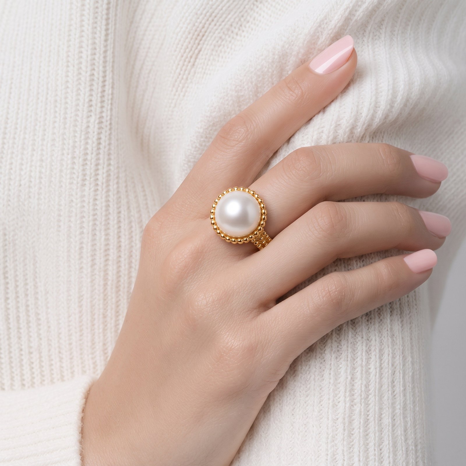 Anillo de Dama Oro 14k Perla con Borde de Bolitas - Imagen 2