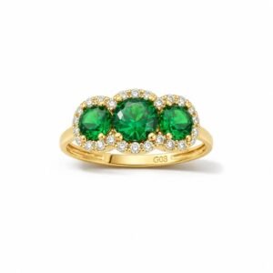 Anillo de Dama Oro 10k Trilogía Verde con Halo