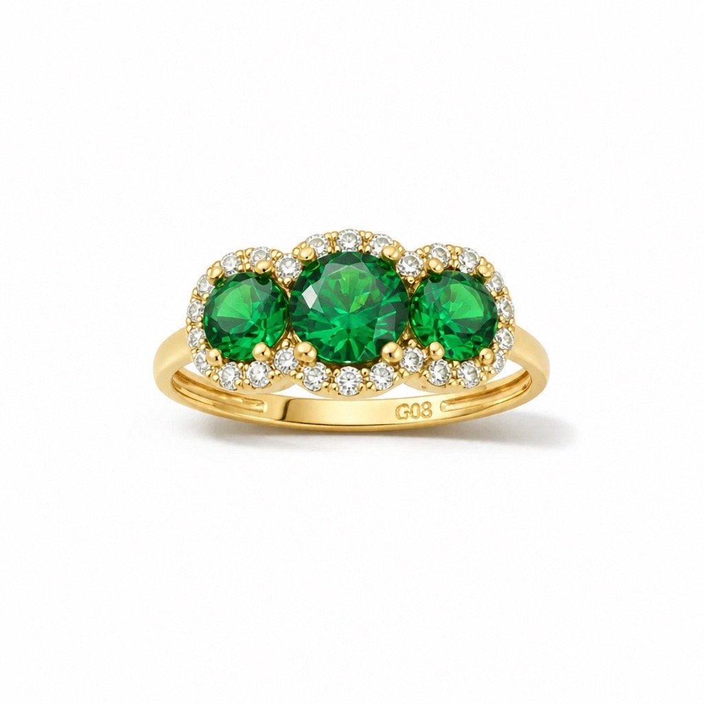 Anillo de Dama Oro 10k Trilogía Verde con Halo