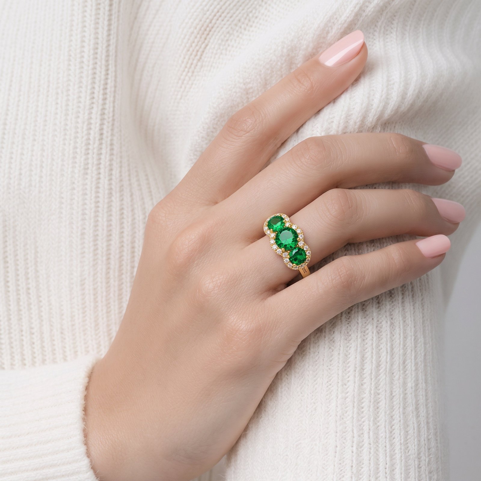 Anillo de Dama Oro 10k Trilogía Verde con Halo - Imagen 2