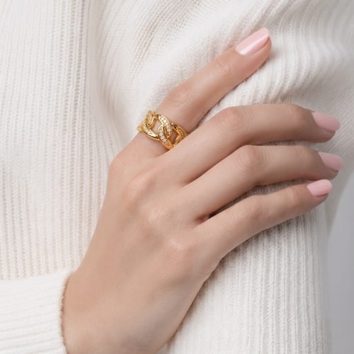 Anillo de Oro 18k Eslabón Cubano con Piedras Circonia
