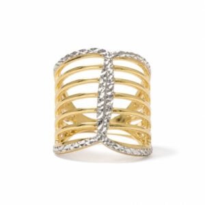 Anillo de Oro 14k Dos Tonos Multibandas con X Diamantada