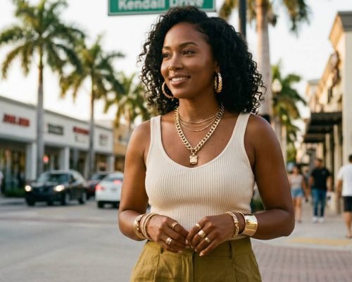 una modelo luce las prendas de Crea7 Jewelry considerada una de las mejores joyerías de Kendall.