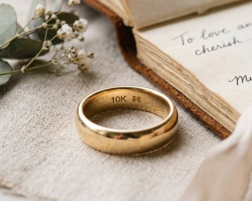 Handcrafted 10kt yellow gold wedding band with a polished finish on a minimalist design