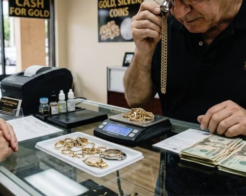 Proceso de tasación de joyas de oro en la balanza de precisión de Crea7 Jewelry en Kendall.