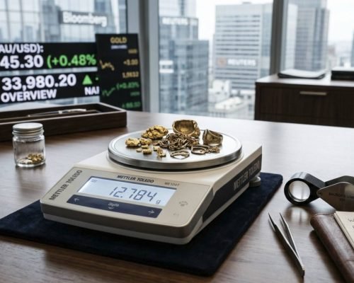 Balanza digital de precisión pesando cadenas y anillos de oro chatarra sobre un escritorio de joyería junto a una lupa de tasación.